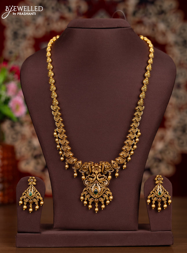 Antique haaram leaf design with kemp & cz stones and golden beads hangings