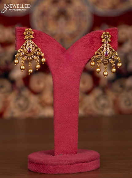 Antique haaram leaf design with pink kemp & cz stones and golden beads hangings