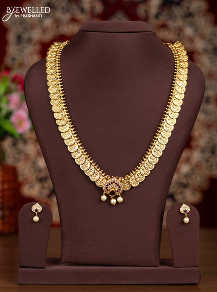 Antique haaram lakshmi kasu design with pink kemp & cz stones and pearl hangings