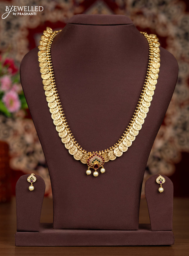 Antique haaram lakshmi kasu design with kemp & cz stones and pearl hangings