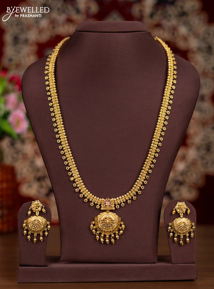 Antique haaram with pink kemp & cz stones and golden beads hangings