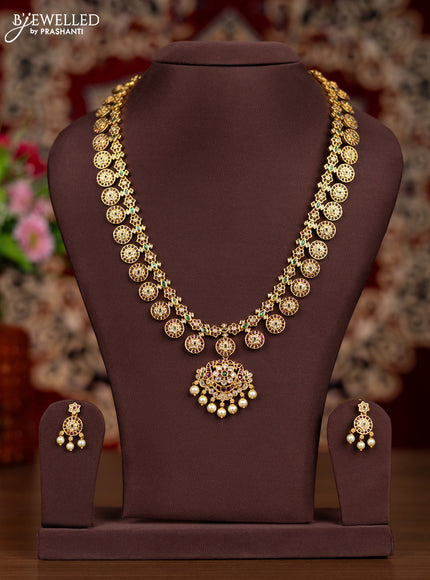 Antique haaram bottu mala design with kemp & cz stones and pearl hangings