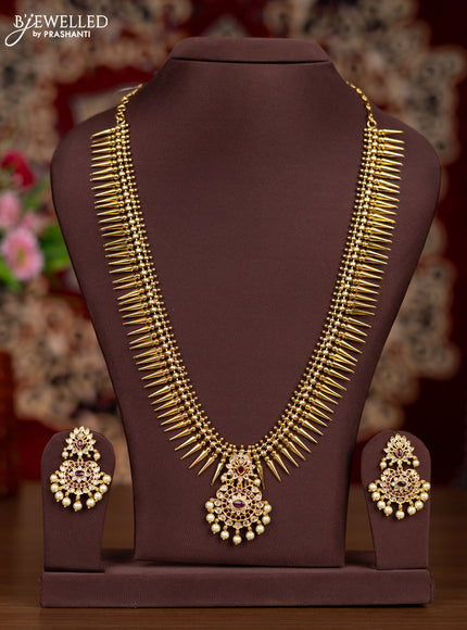 Antique haaram simple design with pink kemp & cz stones and pearl hangings