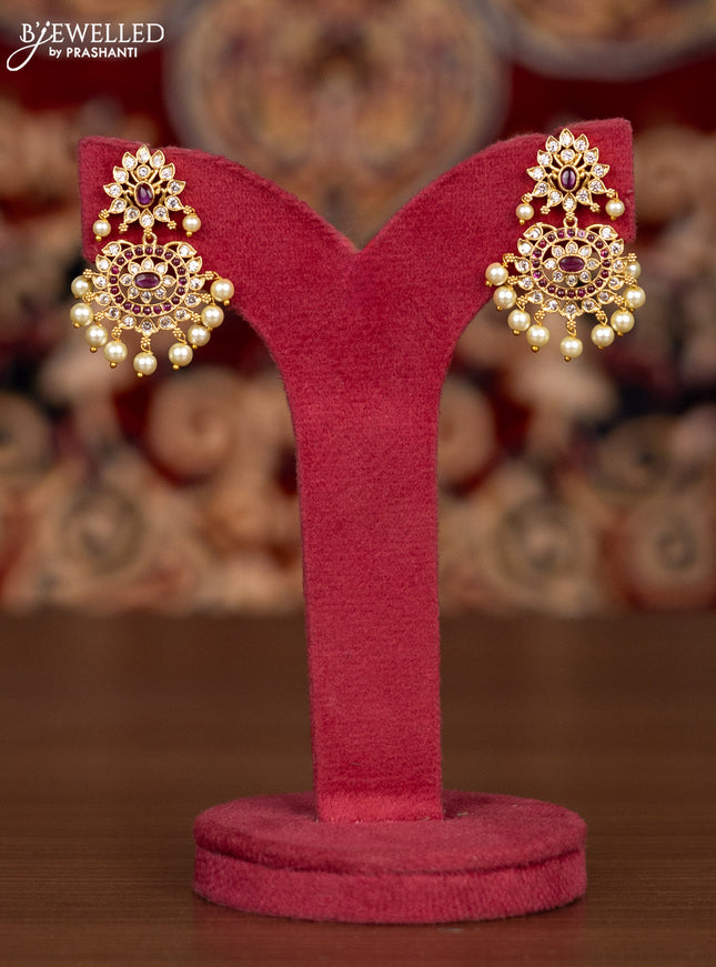 Antique haaram simple design with pink kemp & cz stones and pearl hangings