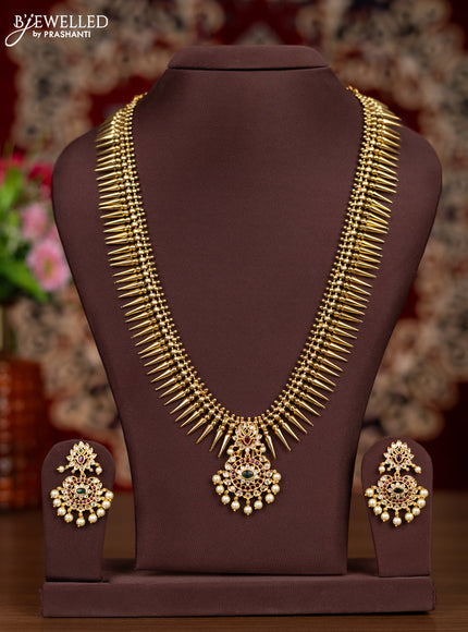 Antique haaram simple design with kemp & cz stones and pearl hangings