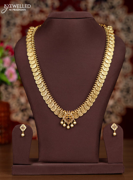 Antique haaram lakshmi kasu design with kemp & cz stones and pearl hangings