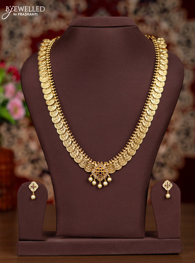 Antique haaram lakshmi kasu design with kemp & cz stones and pearl hangings
