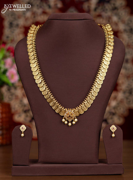 Antique haaram lakshmi kasu design with pink kemp & cz stones and pearl hangings