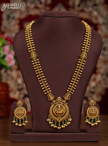 Antique haaram lakshmi pendant with kemp & cz stones and pearl hangings