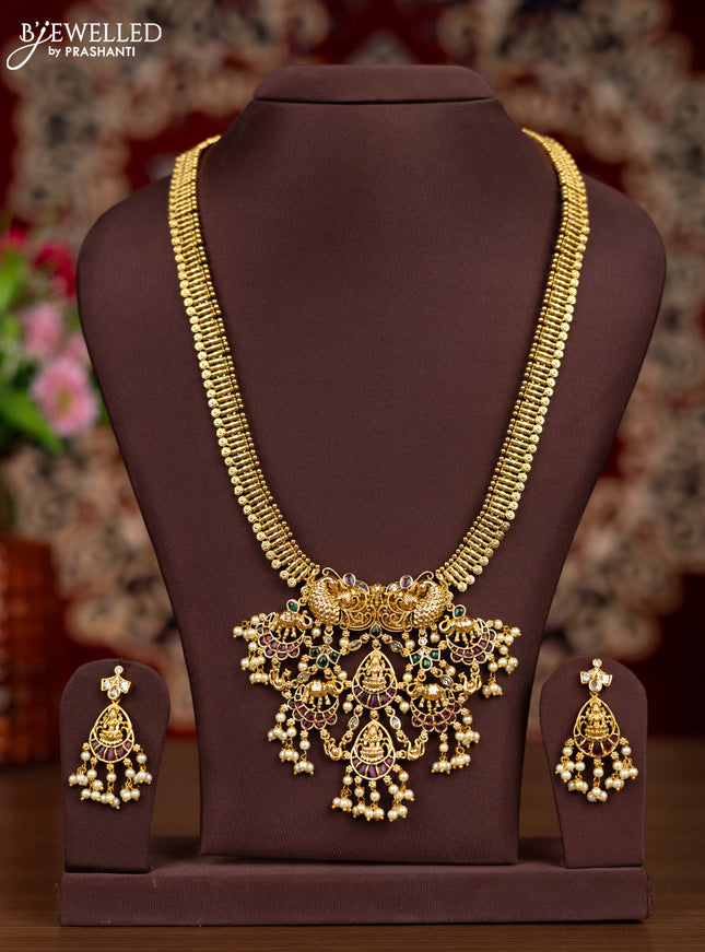 Antique haaram lakshmi & peacock design with kemp & cz stones and pearl hangings