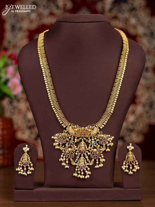 Antique haaram lakshmi & peacock design with kemp & cz stones and pearl hangings