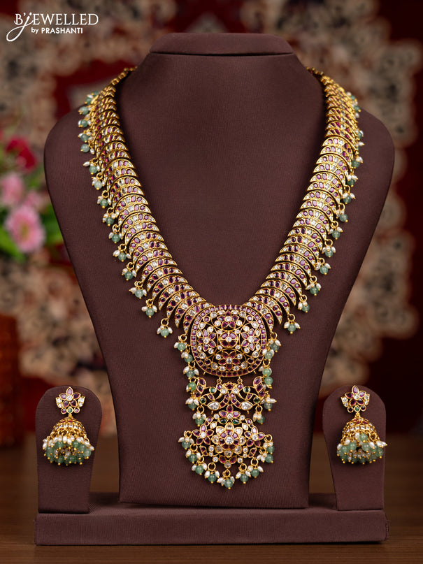 Antique haaram with kemp & kundan stones and pearl & mint green beads hangings