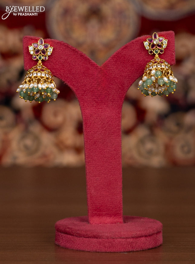 Antique haaram with kemp & kundan stones and pearl & mint green beads hangings