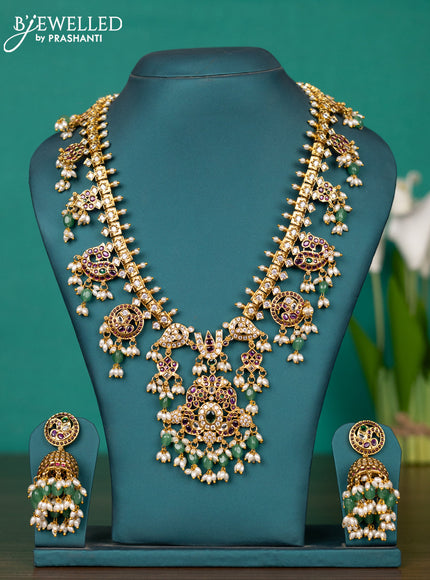 Antique guttapusalu haaram namam design with kemp & kundan stones and pearl & mint green beads hangings