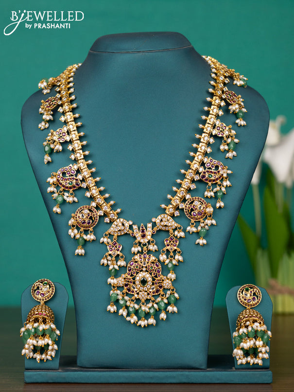 Antique guttapusalu haaram namam design with kemp & kundan stones and pearl & mint green beads hangings