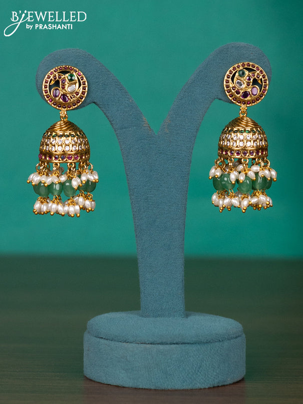 Antique guttapusalu haaram namam design with kemp & kundan stones and pearl & mint green beads hangings