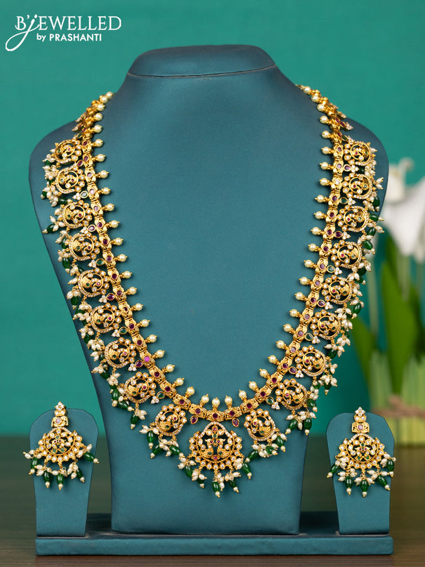 Antique guttapusalu haaram peacock design with kemp & cz stones and pearl & green beads hangings