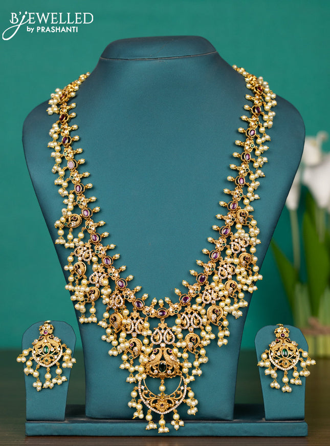 Antique guttapusalu haaram peacock design with kemp & cz stones and pearl hangings