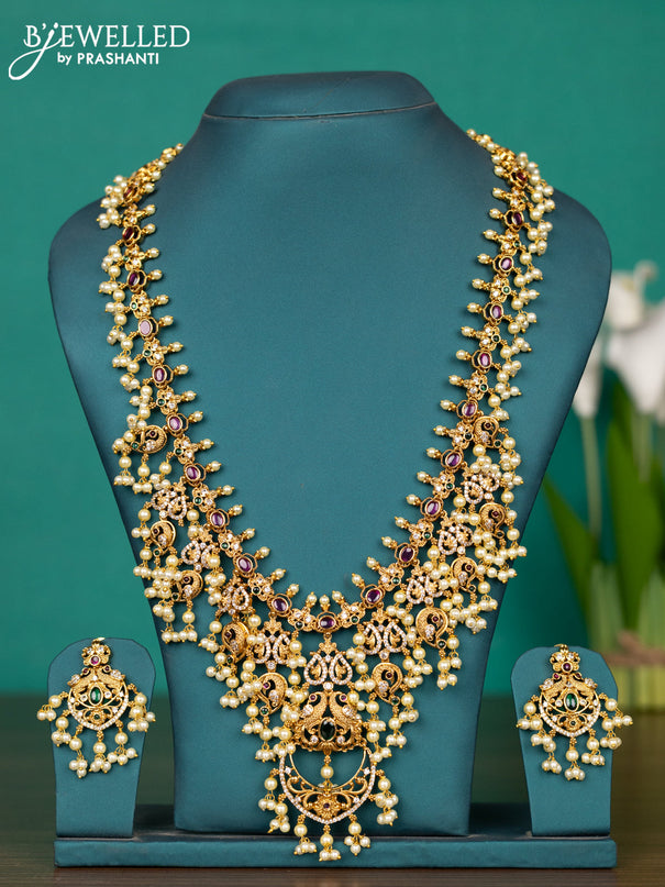 Antique guttapusalu haaram peacock design with kemp & cz stones and pearl hangings