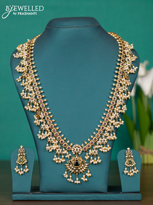Antique guttapusalu haaram with kemp & cz stones and pearl hangings
