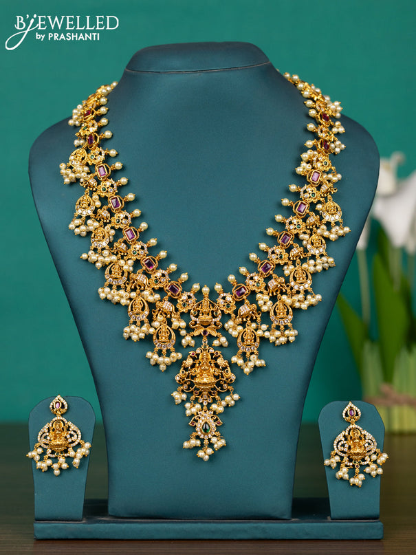 Antique guttapusalu haaram lakshmi design with kemp & cz stones and pearl hangings