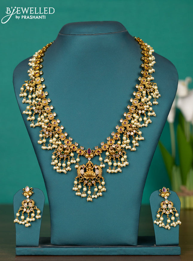 Antique guttapusalu haaram lakshmi design with kemp & cz stones and pearl hangings