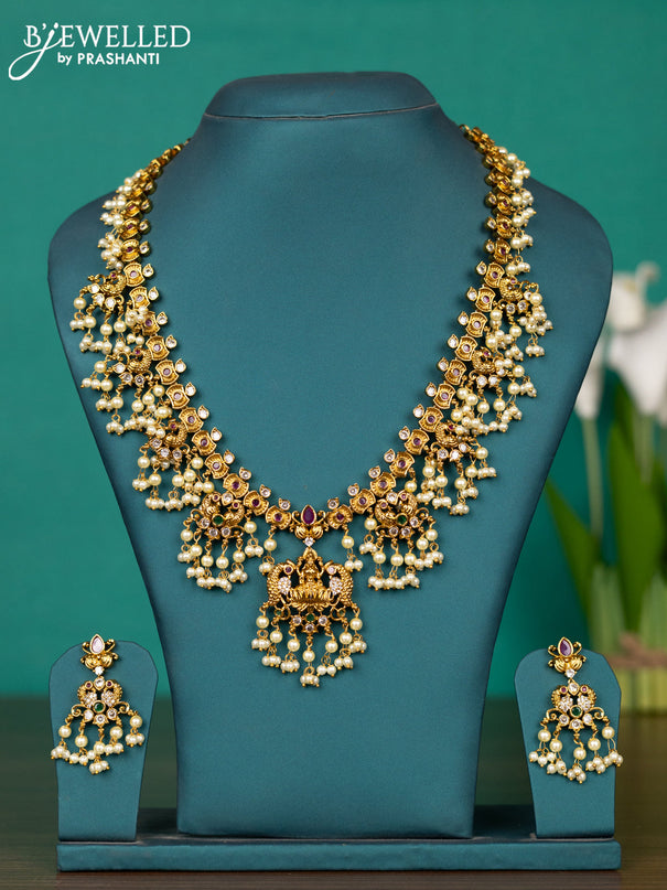 Antique guttapusalu haaram lakshmi design with kemp & cz stones and pearl hangings
