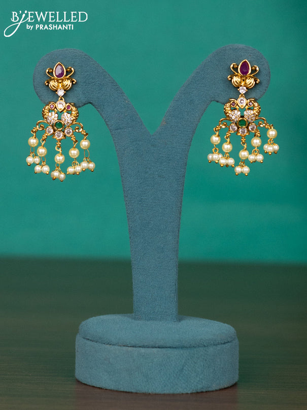 Antique guttapusalu haaram lakshmi design with kemp & cz stones and pearl hangings