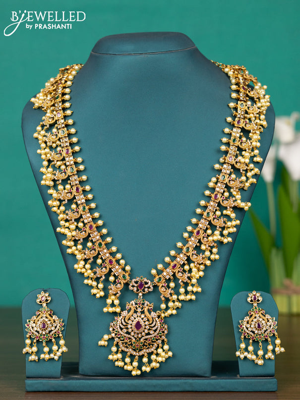 Antique guttapusalu haaram peacock design with kemp & cz stones and pearl hangings