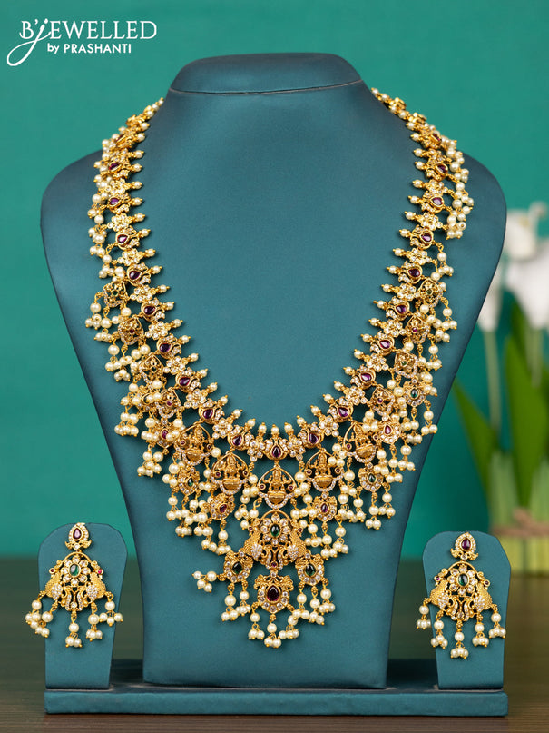 Antique guttapusalu haaram lakshmi design with kemp & cz stones and pearl hangings