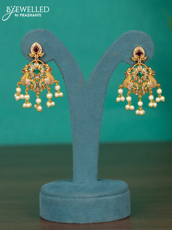 Antique guttapusalu haaram lakshmi design with kemp & cz stones and pearl hangings
