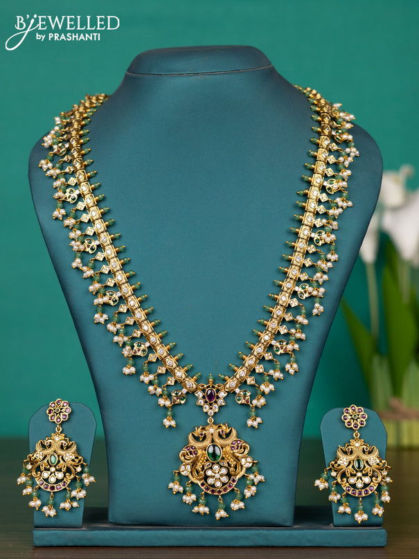 Antique guttapusalu haaram peacock design with kemp & cz stones and pearl & mint green beads hangings