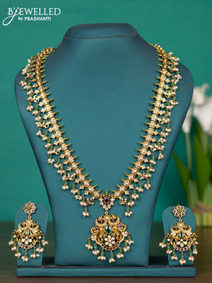 Antique guttapusalu haaram peacock design with kemp & cz stones and pearl & mint green beads hangings