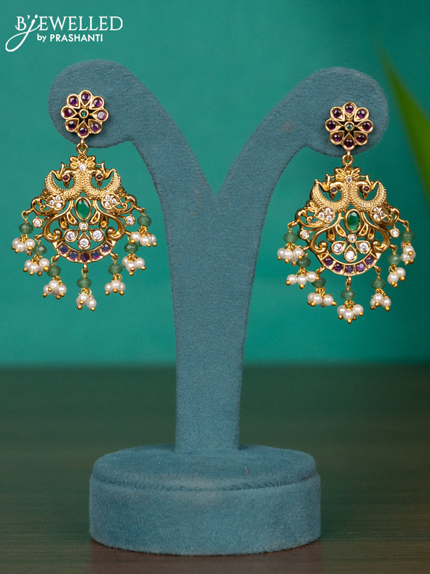 Antique guttapusalu haaram peacock design with kemp & cz stones and pearl & mint green beads hangings