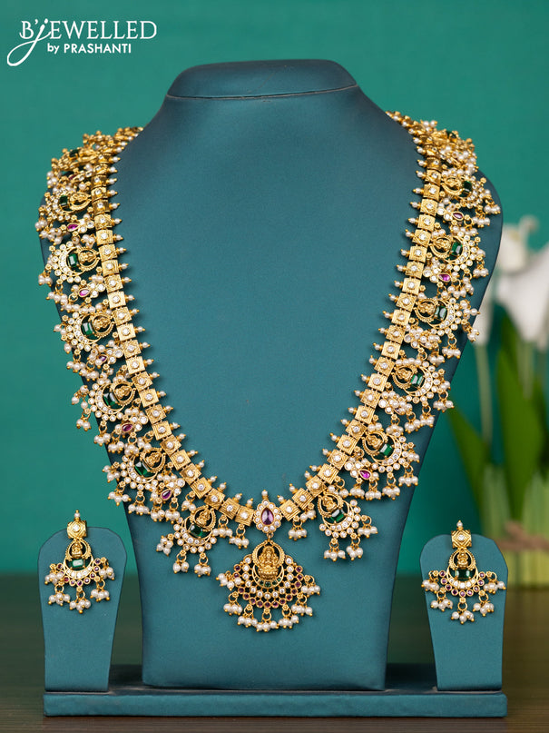Antique guttapusalu haaram lakshmi & chandbali design with kemp & cz stones and pearl hangings