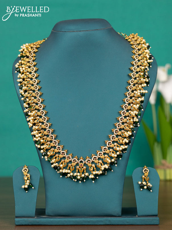 Antique guttapusalu haaram peacock design with kemp & cz stones and pearl & green beads hangings