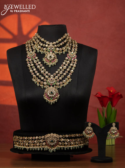 Bridal set multilayer with jadau kundan & cz stones and pearl & mint green beads hangings