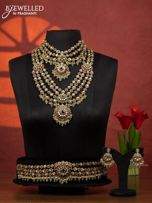 Bridal set multilayer with jadau kundan & cz stones and pearl & mint green beads hangings