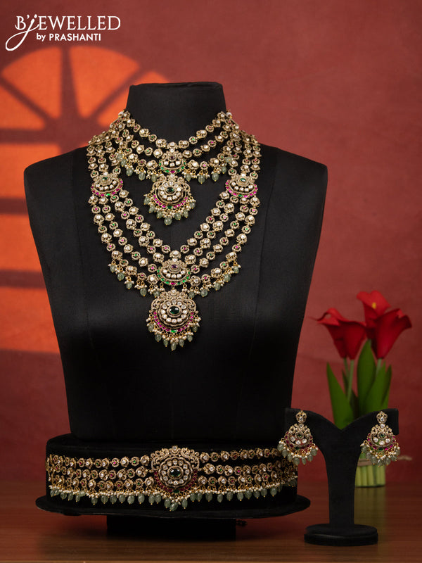 Bridal set multilayer with jadau kundan & cz stones and pearl & mint green beads hangings