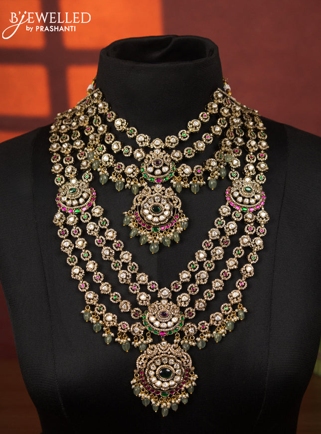 Bridal set multilayer with jadau kundan & cz stones and pearl & mint green beads hangings