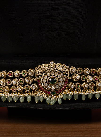 Bridal set multilayer with jadau kundan & cz stones and pearl & mint green beads hangings