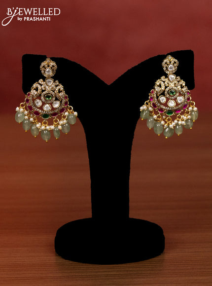 Bridal set multilayer with jadau kundan & cz stones and pearl & mint green beads hangings