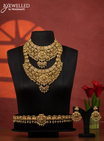 Antique bridal set lakshmi & peacock design with kemp & cz stones and pearl & golden beads hangings