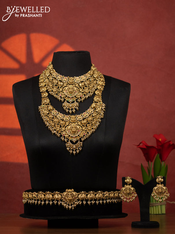 Antique bridal set lakshmi & peacock design with kemp & cz stones and pearl & golden beads hangings