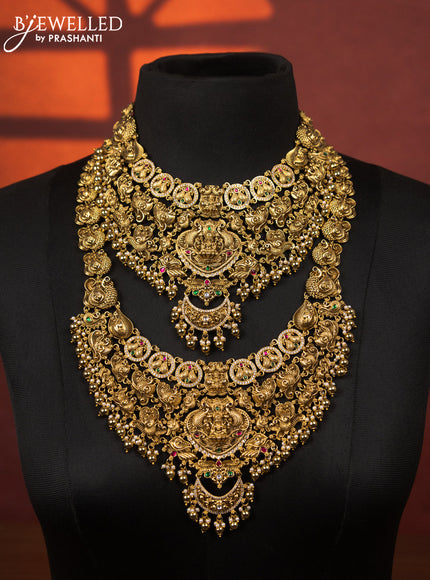 Antique bridal set lakshmi & peacock design with kemp & cz stones and pearl & golden beads hangings