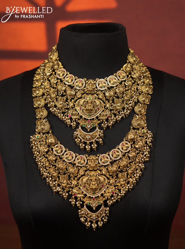 Antique bridal set lakshmi & peacock design with kemp & cz stones and pearl & golden beads hangings
