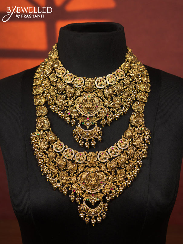 Antique bridal set lakshmi & peacock design with kemp & cz stones and pearl & golden beads hangings