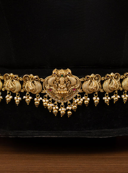 Antique bridal set lakshmi & peacock design with kemp & cz stones and pearl & golden beads hangings