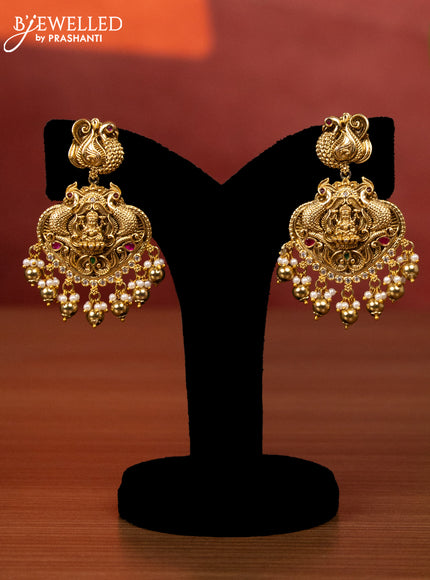 Antique bridal set lakshmi & peacock design with kemp & cz stones and pearl & golden beads hangings