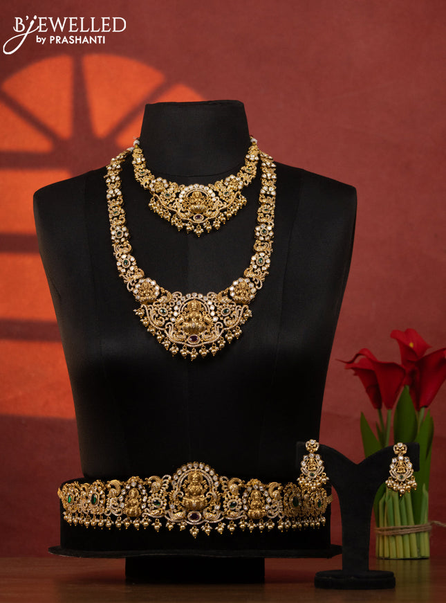 Antique bridal set lakshmi design with kemp & kundan cz stones and pearl & golden beads hangings